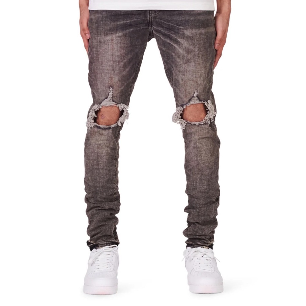 Purple Brand P002 Dropped Fit Mid Rise‎ Slim Leg Distressed Grey Jeans 38 NWT
